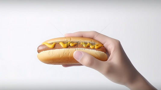 快餐菜单背景图片_卡通风格 3D 插图，一只手在白色背景上拿着热狗