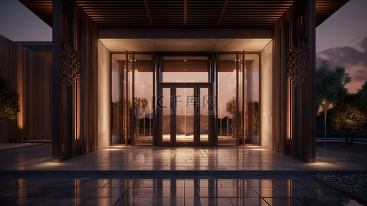 黄昏照亮的 3D 渲染中令人惊叹的现代别墅入口