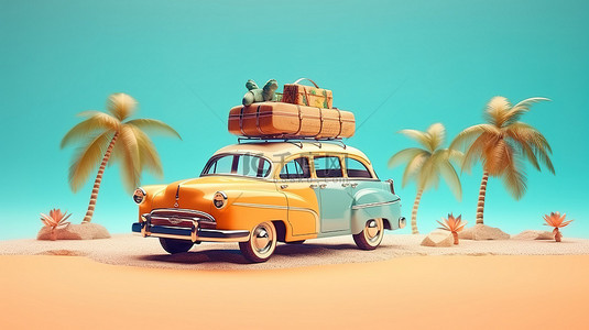 插画棕榈树背景图片_古怪的复古骑行冲浪板手提箱棕榈树和一股夏日氛围 3D 插图