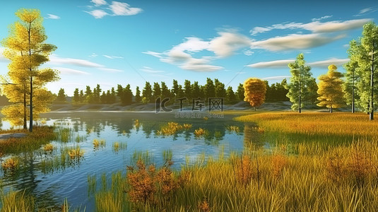湖泊和草地背景图片_3d 渲染风景秀丽的湖泊和天空，郁郁葱葱的绿树和金色的草地