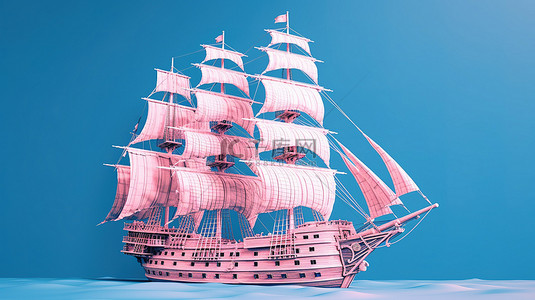 旅行粉色背景图片_双色调风格 3D 渲染粉色复古高帆船卡拉维尔海盗船或蓝色背景军舰