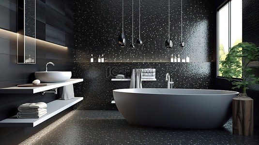现代浴室设计，时尚的黑色马赛克墙以 3D 渲染