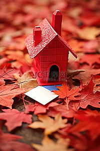 地图明信片背景图片_旧地图上红叶明信片上的小红房子