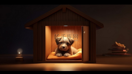 狗在其住所内的 3D 插图