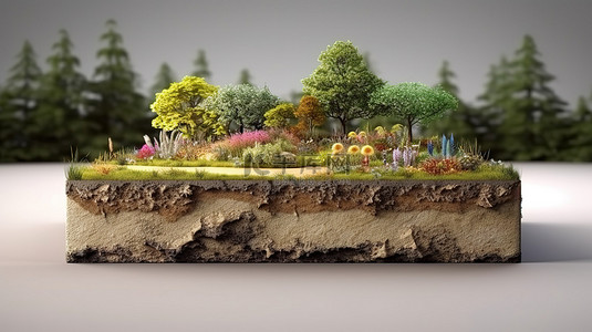 剖面地形地面土壤和郁郁葱葱的绿草的沉浸式 3D 视觉效果