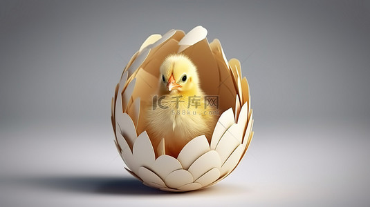 刚孵出的鸡从壳中冒出来的 3D 概念设计图像