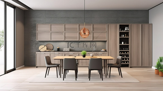 厨卫室内背景图片_餐厅模型中木制餐桌厨柜和冰箱的 3D 渲染