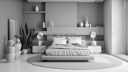 简约的单色卧室，配有双人床边桌和平面设计 3D 渲染