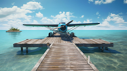 水上飞机停在码头边缘，以 3D 渲染的热带海滩为背景