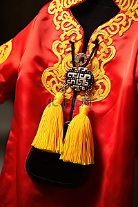 黄旗袍背景图片_一件中国传统服装，上面挂着一个红黄黑的钱包
