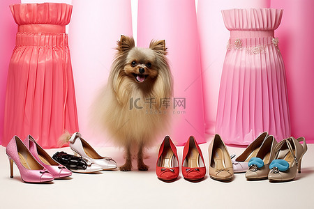 粉色购物包背景图片_穿着粉色短裙的狗，周围环绕着彩色钱包高跟鞋和珠宝