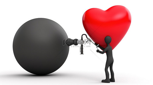 红心气球由 3D 人物充气，带有黑色手动气泵，在 3D 渲染的白色背景下