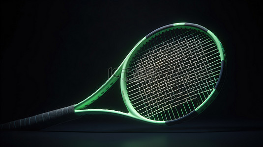 绿色背景展示 3D 渲染的网球拍和球类运动器材