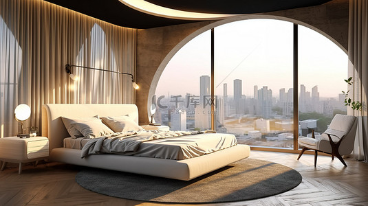 优雅的现代卧室设计，带有全景窗户视图 3D 渲染插图