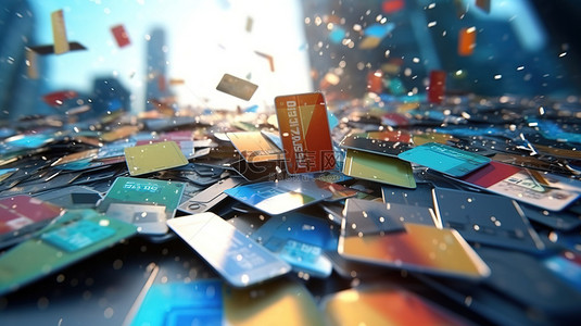金融信用卡背景图片_空的 3D 信用卡散落在金融动荡浅景深中