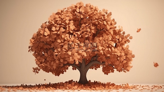 大自然的秋季，橡树的插图 3D 渲染，带有简单的棕色叶子