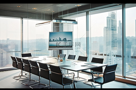 一间开着窗户的会议室，可以俯瞰整个城市