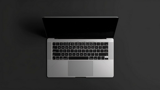 在白色 3D 渲染上隔离的打开笔记本电脑深银色的空白屏幕顶部视图