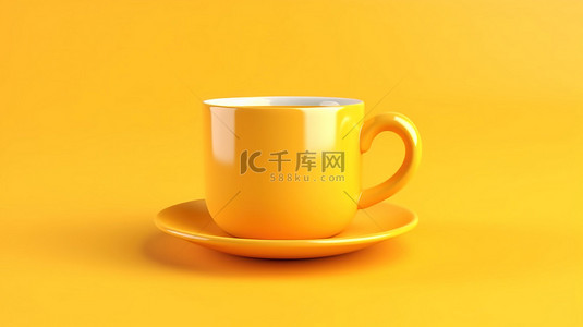 黄色背景上隔离的咖啡杯的真实 3D 渲染