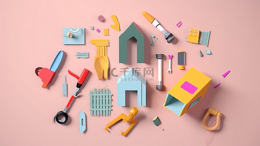 毫米纸贴纸图标和元素集上家庭维修工具的彩色可爱 3D 设计