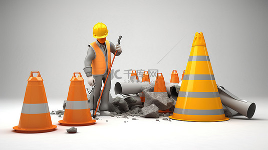 建築工人背景图片_3D 建筑工人，带有手提钻交通锥和正在施工的标牌