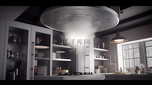火灾讲堂背景图片_厨房天花板上的烟雾报警器，带有 3d 烟雾渲染