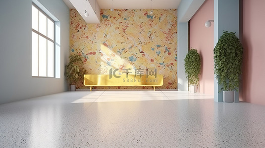 带水磨石地板的现代风格用餐区 3d 渲染和模型