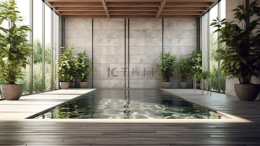 砖砌的背景图片_别致阁楼风格泳池露台的 3D 渲染，带有类似于砖图案的纹理混凝土墙