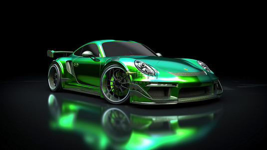 氢能源汽车背景图片_高性能绿色跑车的 3D 渲染，具有高级赛车调整特殊零件和车轮扩展