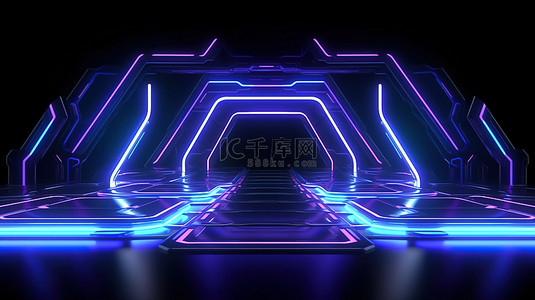 空间蓝背景图片_在带有负空间的未来黑色背景上抽象蓝色和紫色霓虹灯形状的 3D 渲染