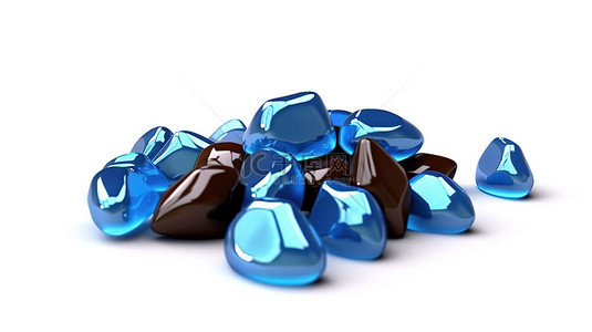 白色背景上蓝色宝石如巧克力糖果的 3D 插图
