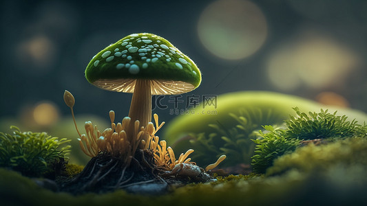 绿色花草插画背景图片_蘑菇青苔春天绿色背景