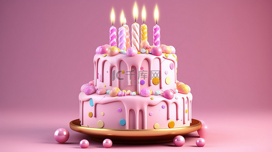 粉红色背景生日蛋糕的 3D 渲染，配有卡通甜点层和点燃的蜡烛