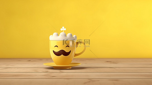 日模板背景图片_在黄色木质背景 3D 渲染和复制空间上用加冕的小胡子咖啡庆祝父亲节