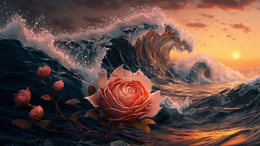 蔷薇在夕阳下的海浪中