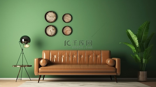 复古主题 3D 室内样机海报，配有棕色沙发和绿色墙壁