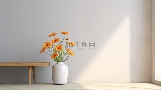 茶几房间背景图片_桌面盛开着 3D 渲染的花朵，装饰着一张空荡荡的边桌