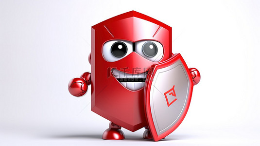 充电电池背景背景图片_带有抽象充电电池和红色金属保护盾字符吉祥物的白色背景的 3D 渲染
