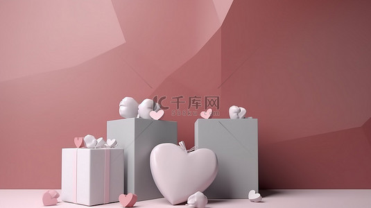 平台上的礼盒背景图片_一组在简单背景上带有心形装饰的 3D 渲染礼品盒