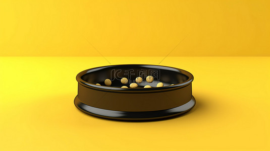 宠物饲料背景图片_黄色背景，带有 3D 渲染的黑色宠物碗和饲料