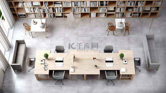 当代工作空间设计 3D 渲染轻型货架现代电脑和白色椅子，从顶视图看，灰色地板上的时尚木桌映衬着
