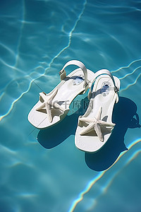 凉鞋和泳池里的海星