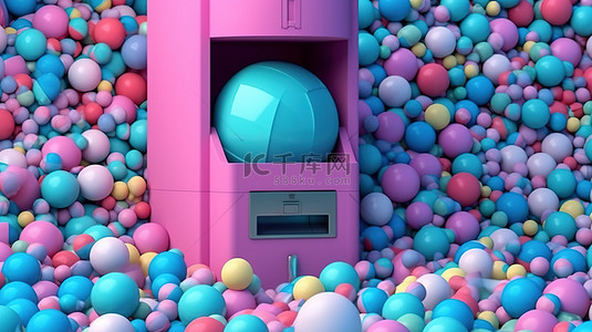 银行柜员背景图片_粉色 atm 被金钱和蓝色 3d 渲染中充满活力的球包围