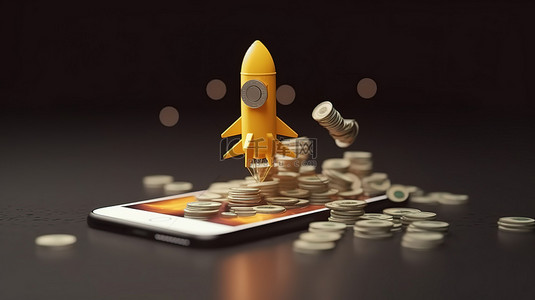 创新业务推出智能手机为火箭提供美元硬币 3D 渲染