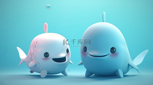 3D 渲染的水下世界中卡哇伊鲸鱼独角鲸和小头鼠海豚的迷人卡通人物