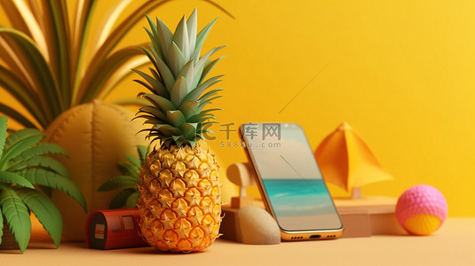 3D 插图菠萝和智能手机描绘了在线预订暑假的想法