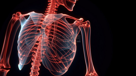 红色医疗背景背景图片_3d 渲染骨骼结构的插图，骨盆受伤和红色发光疼痛