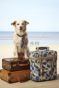 带着行李和手提箱的狗坐在海滩上