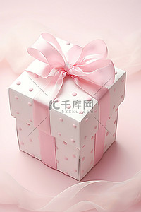 圆点白色蛋糕盒，白纸上有粉红丝带