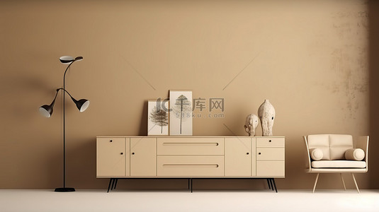 椅子海报背景图片_3D 渲染中米色墙壁空白样机的金属家具